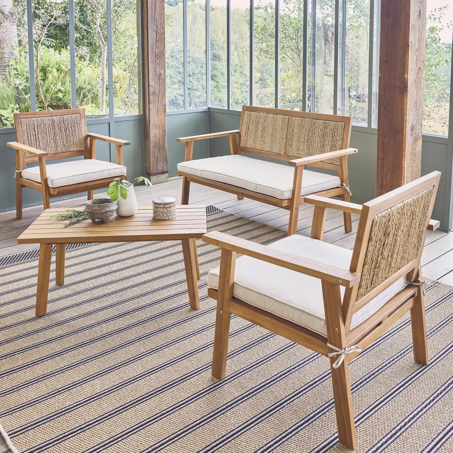 Bohemia corde verticale Salon de jardin bois et cannage vertical 4 places