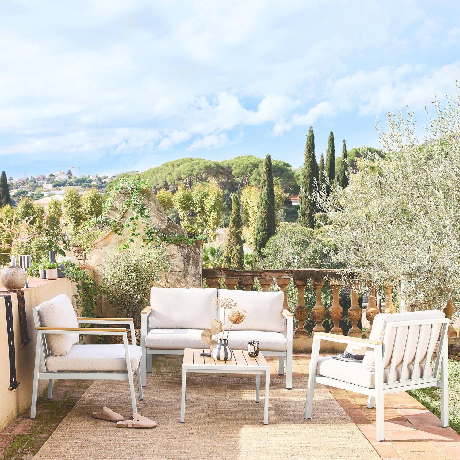 Casoria Salon de jardin aluminium et polywood 4 places Blanc / Beige