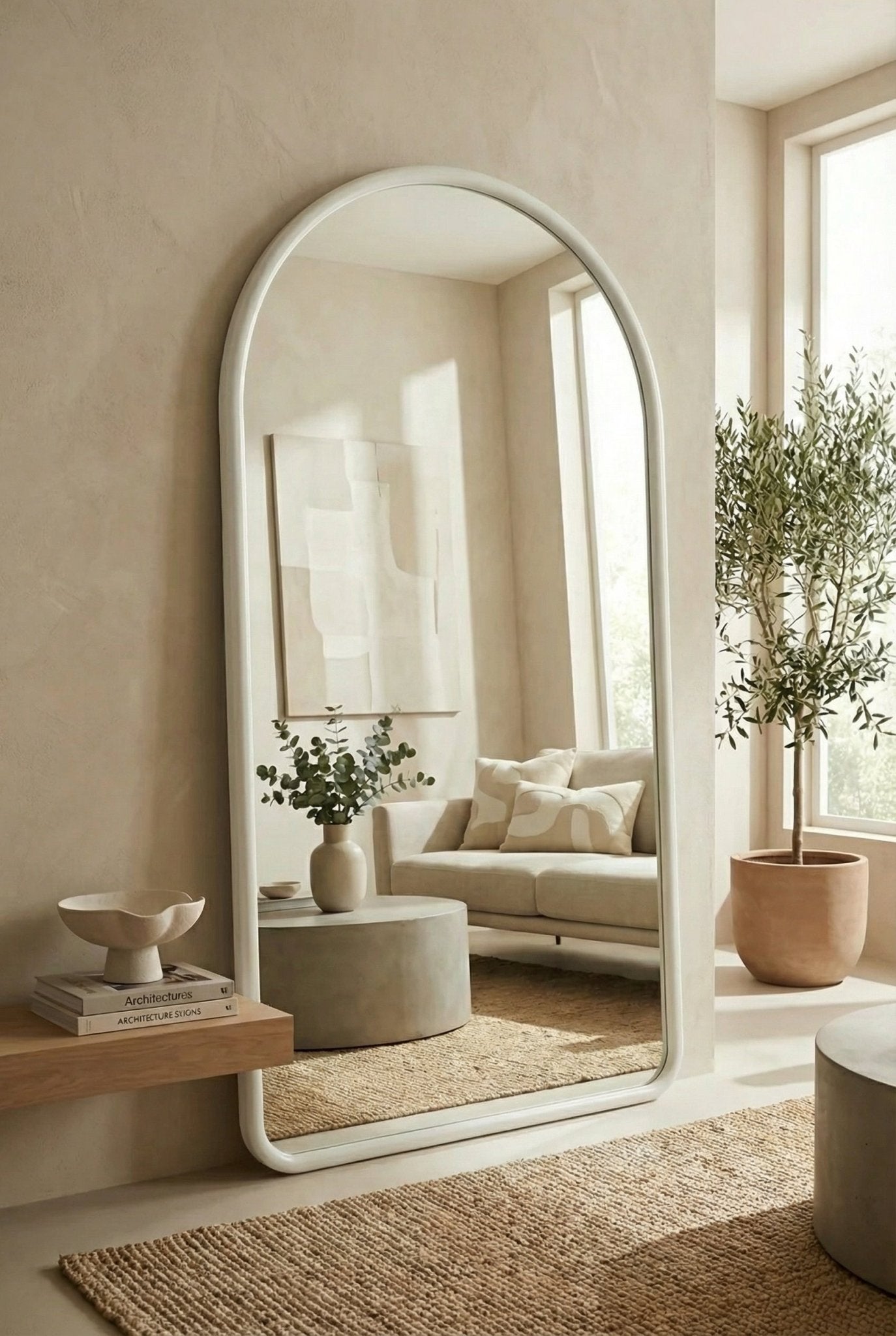 Miroir Labarre à cadre blanc cassé et bords incurvés