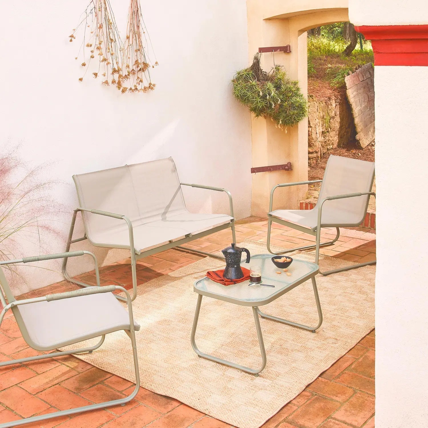 Noto Salon de jardin acier 4 places Kaki