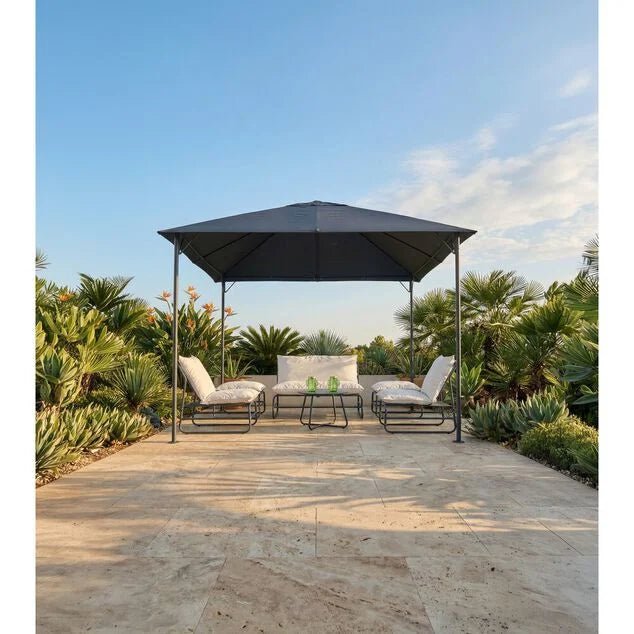 Salon de jardin Oslow 6 personnes acier et textilène gris foncé et blanc