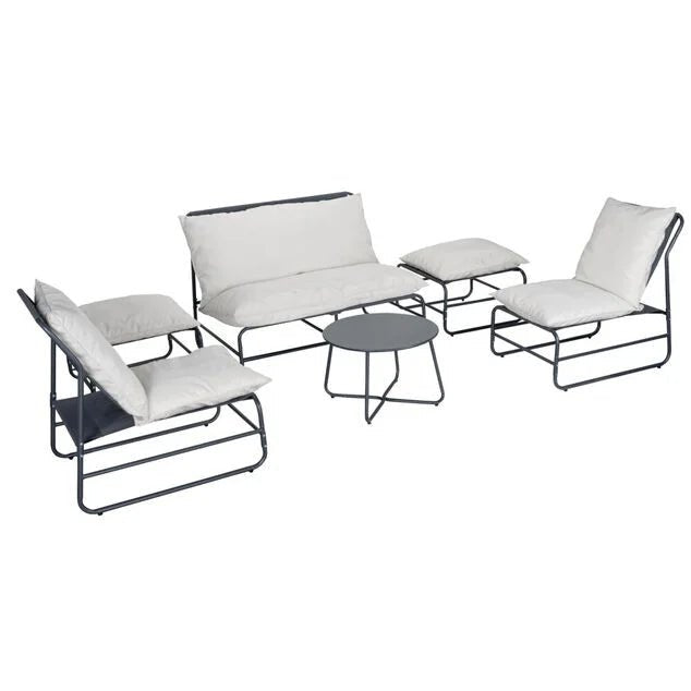 Salon de jardin Oslow 6 personnes acier et textilène gris foncé et blanc